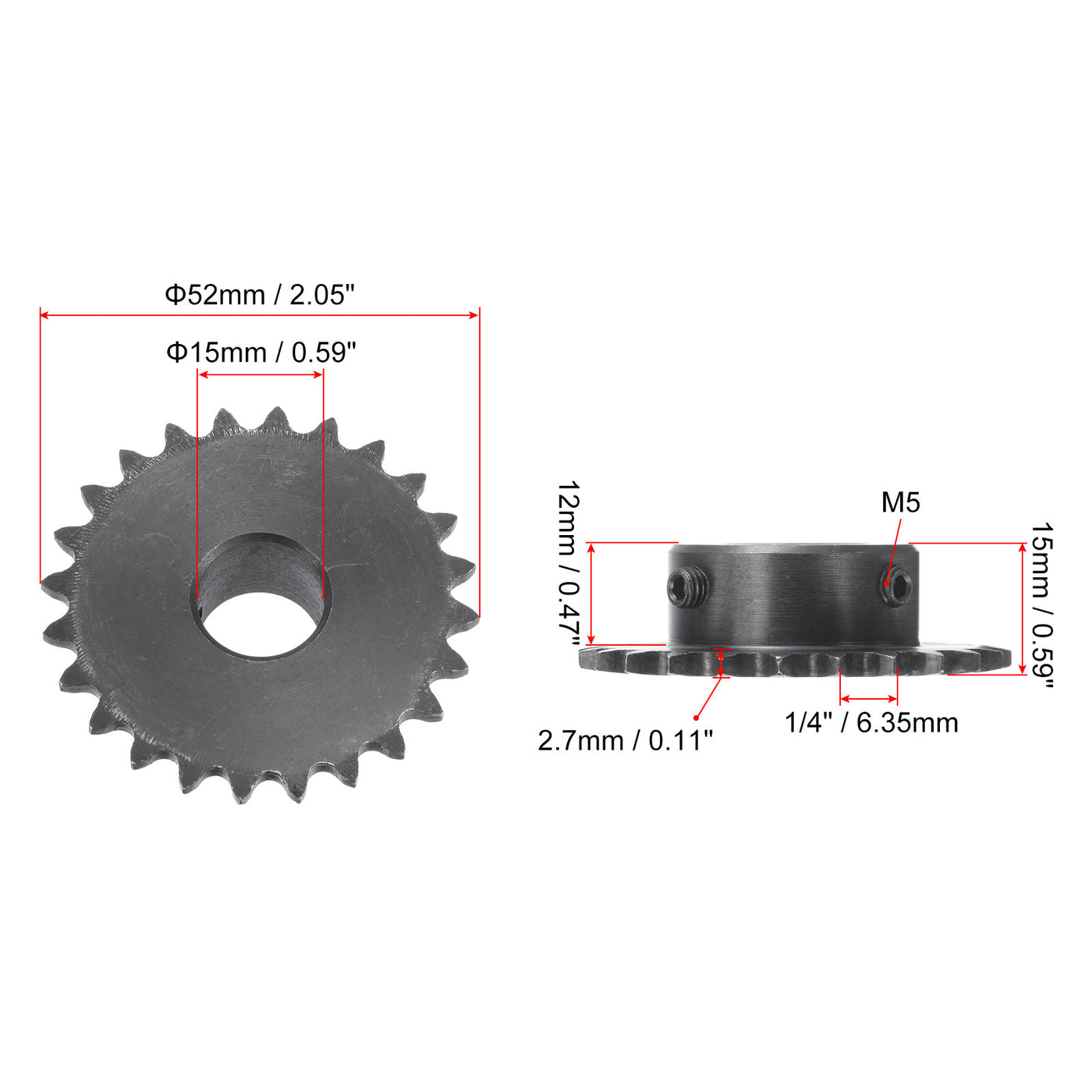 uxcell Uxcell 24 Teeth Sprocket 1/4" Pitch, 15mm Bore Carbon Steel with Set Screws