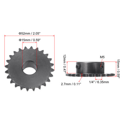 Harfington Uxcell 24 Teeth Sprocket 1/4" Pitch, 15mm Bore Carbon Steel with Set Screws