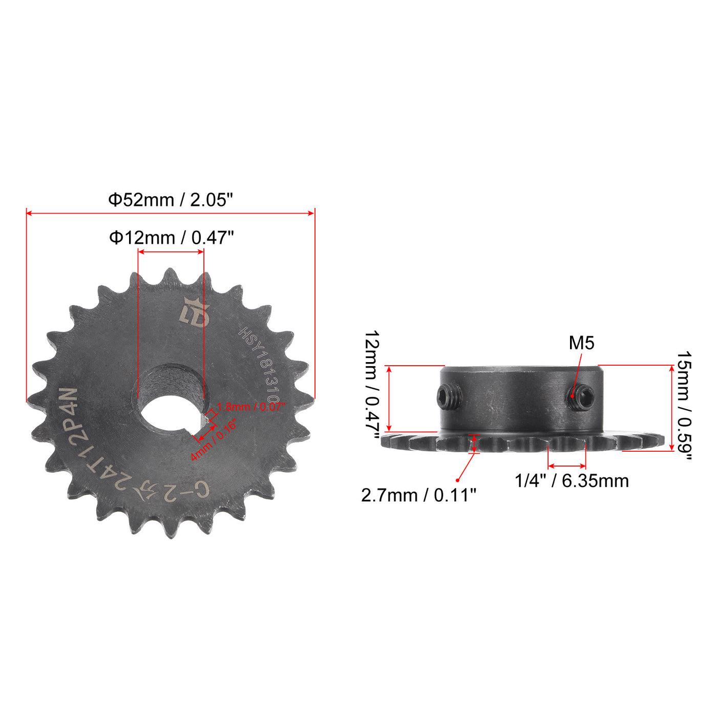 uxcell Uxcell 24 Teeth Sprocket 1/4" Pitch 12mm Bore Carbon Steel 4x1.8mm Keyway W Set Screws