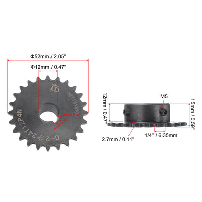 Harfington Uxcell 24 Teeth Sprocket 1/4" Pitch 12mm Bore Carbon Steel 4x1.8mm Keyway W Set Screws