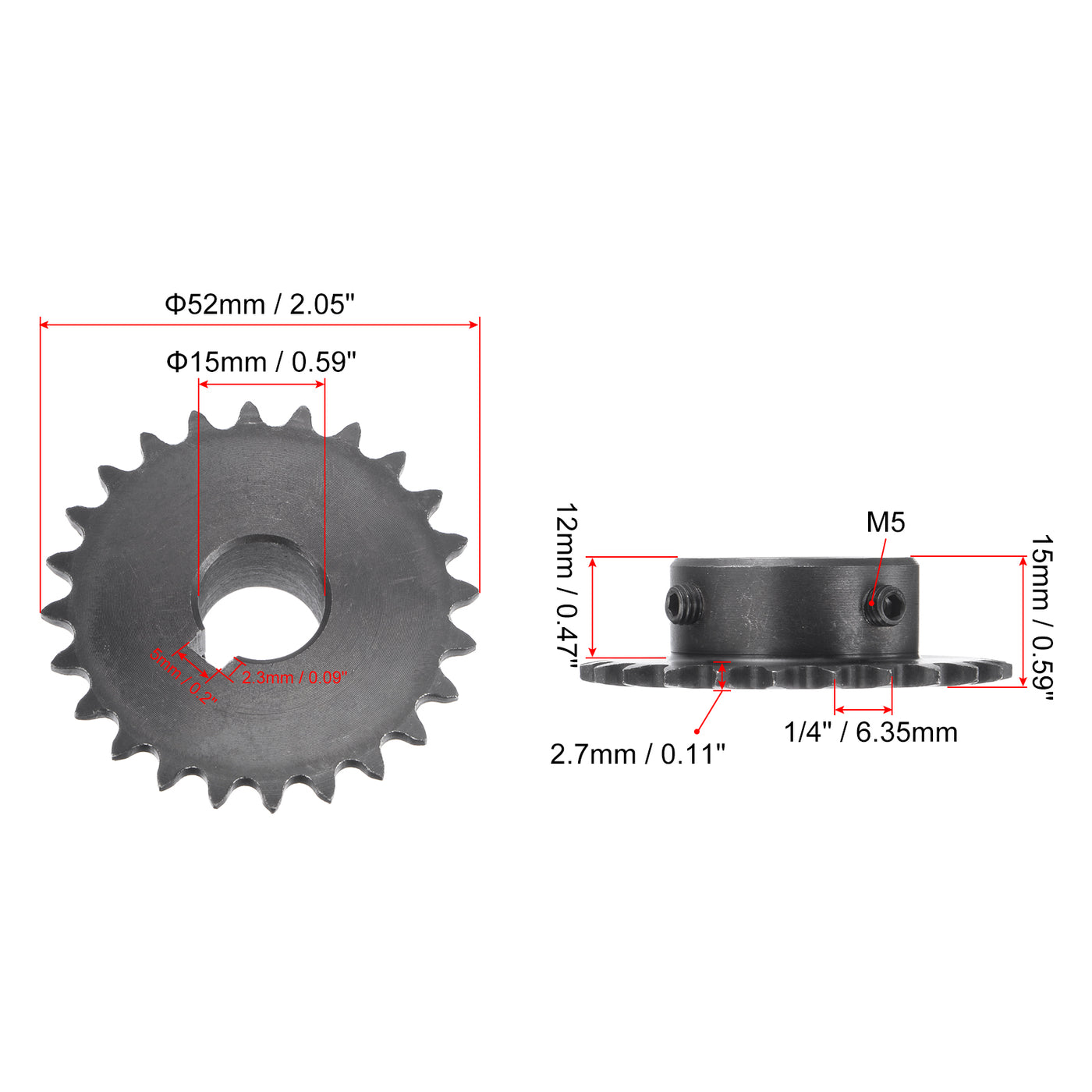 uxcell Uxcell 24 Teeth Sprocket 1/4" Pitch, 15mm Bore Carbon Steel, Keyway with Set Screws