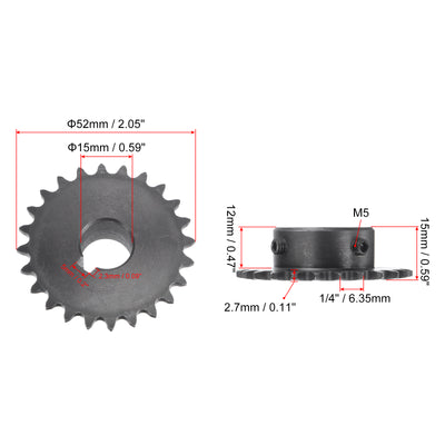 Harfington Uxcell 24 Teeth Sprocket 1/4" Pitch, 15mm Bore Carbon Steel, Keyway with Set Screws