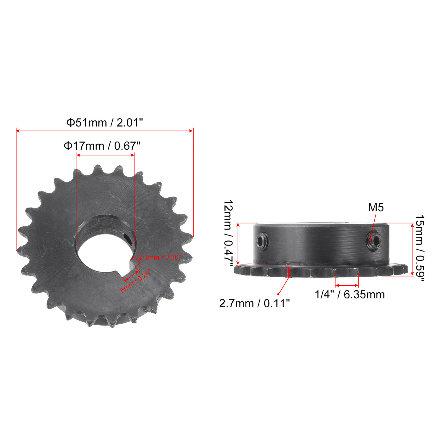 uxcell Uxcell 24 Teeth Sprocket 1/4" Pitch, 17mm Bore Carbon Steel, Keyway with Set Screws