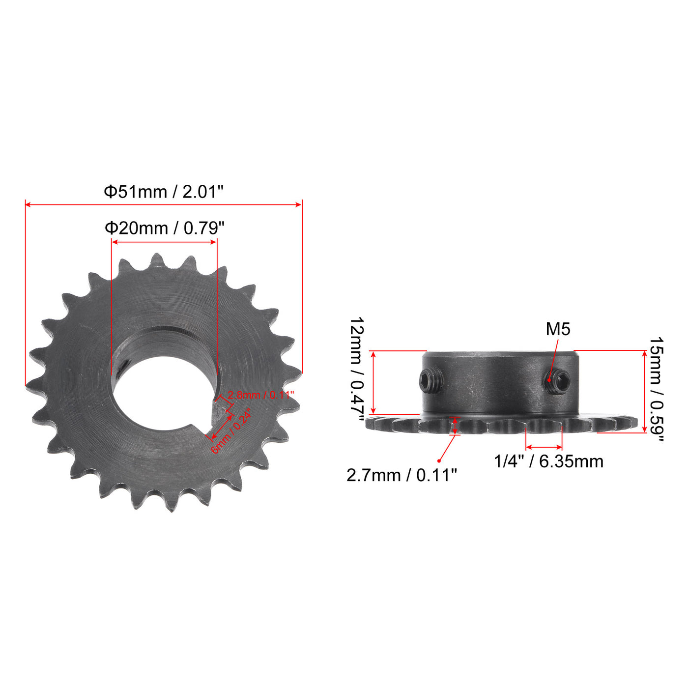 uxcell Uxcell 24 Teeth Sprocket 1/4" Pitch, 20mm Bore Carbon Steel, Keyway with Set Screws