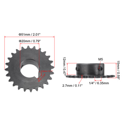 Harfington Uxcell 24 Teeth Sprocket 1/4" Pitch, 20mm Bore Carbon Steel, Keyway with Set Screws