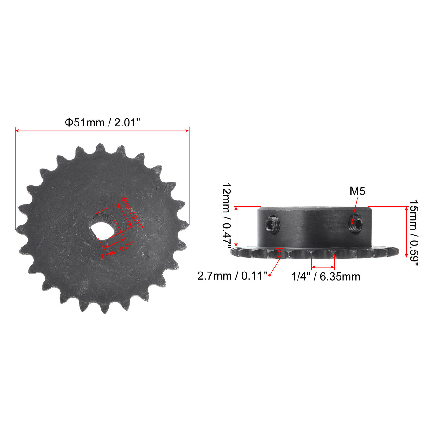 uxcell Uxcell 24 Teeth Sprocket 1/4" Pitch, 8 x 7mm Bore Carbon Steel with Set Screws