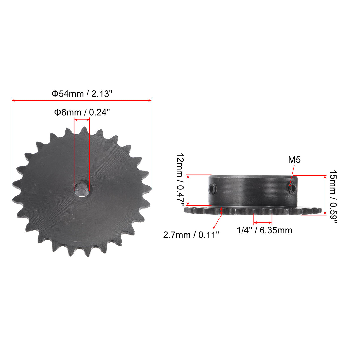 uxcell Uxcell 25 Teeth Sprocket 1/4" Pitch, 6mm Bore Carbon Steel with Set Screws