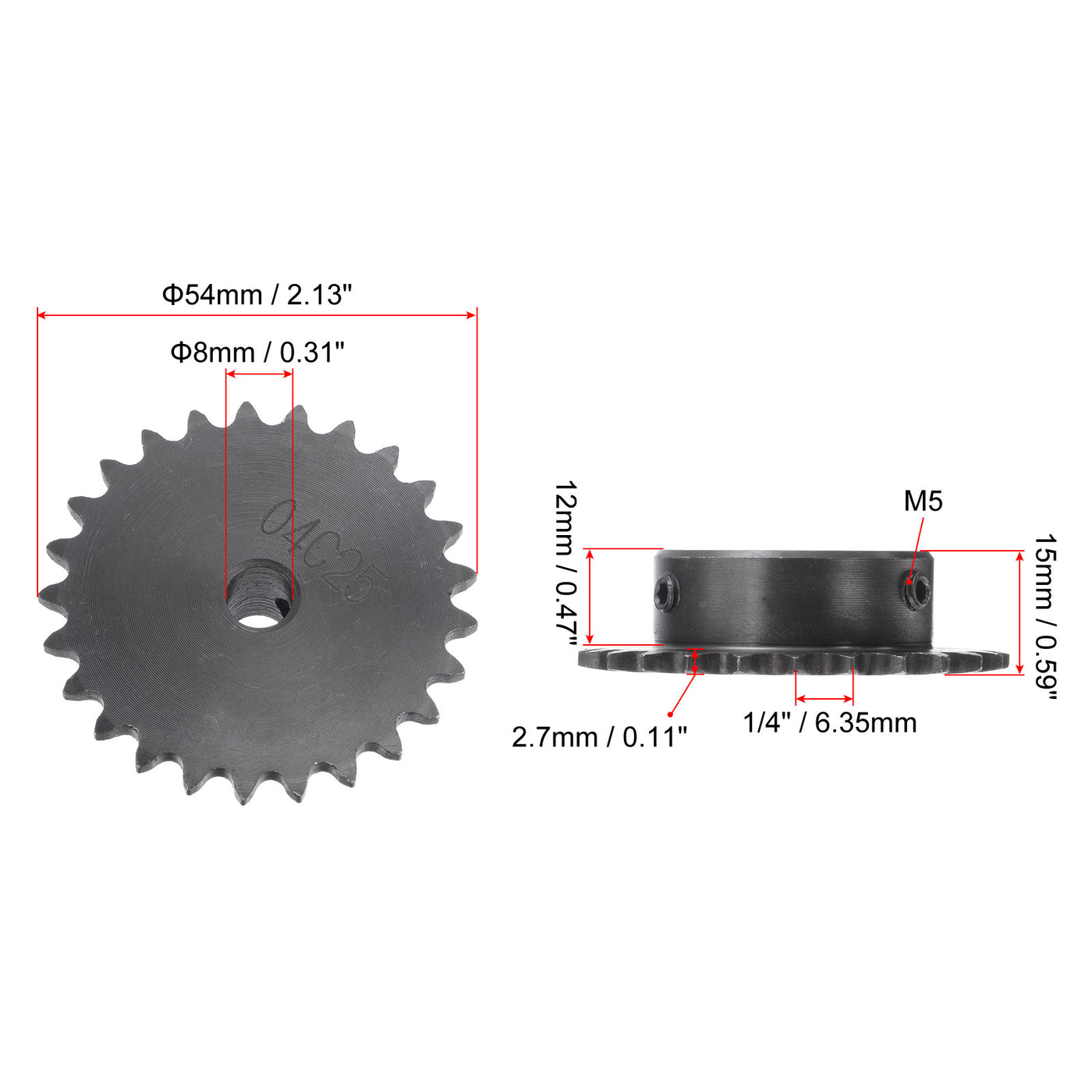 uxcell Uxcell 25 Teeth Sprocket 1/4" Pitch, 8mm Bore Carbon Steel with Set Screws