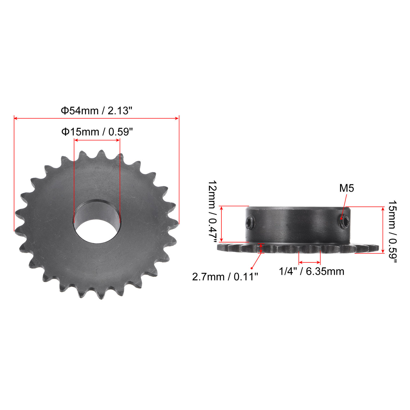 uxcell Uxcell 25 Teeth Sprocket 1/4" Pitch, 15mm Bore Carbon Steel with Set Screws