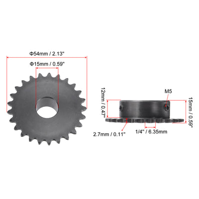 Harfington Uxcell 25 Teeth Sprocket 1/4" Pitch, 15mm Bore Carbon Steel with Set Screws