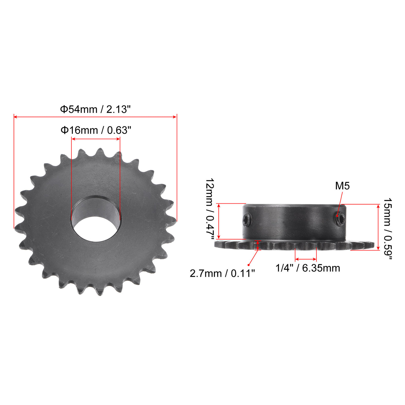 uxcell Uxcell 25 Teeth Sprocket 1/4" Pitch, 16mm Bore Carbon Steel with Set Screws