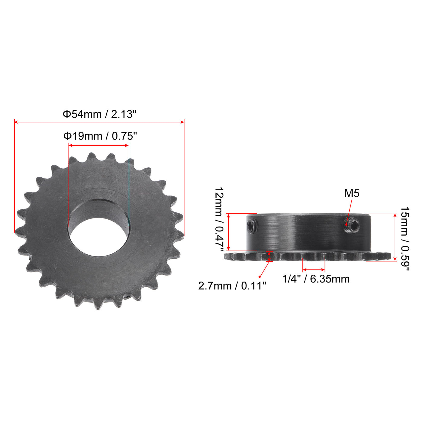 uxcell Uxcell 25 Teeth Sprocket 1/4" Pitch, 19mm Bore Carbon Steel with Set Screws