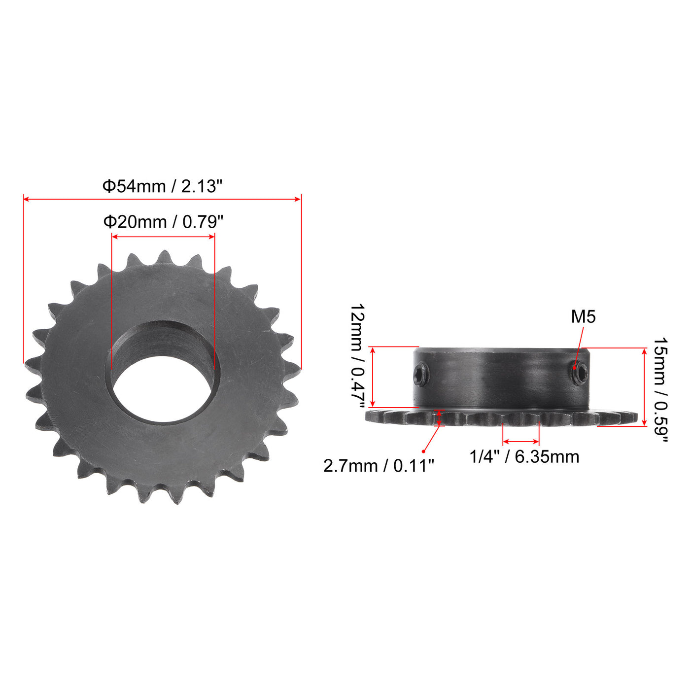 uxcell Uxcell 25 Teeth Sprocket 1/4" Pitch, 20mm Bore Carbon Steel with Set Screws