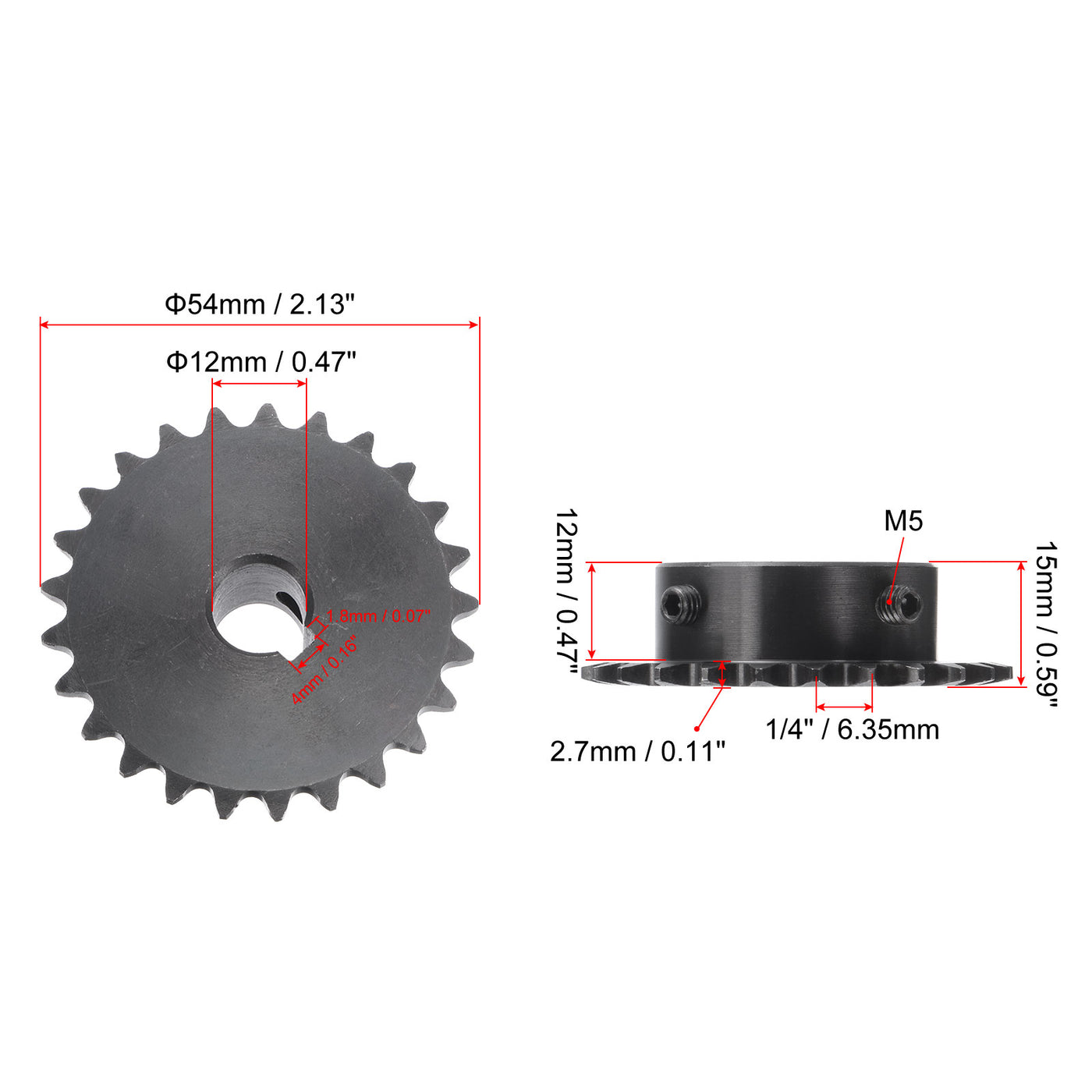 uxcell Uxcell 25 Teeth Sprocket 1/4" Pitch 12mm Bore Carbon Steel 4x1.8mm Keyway W Set Screws