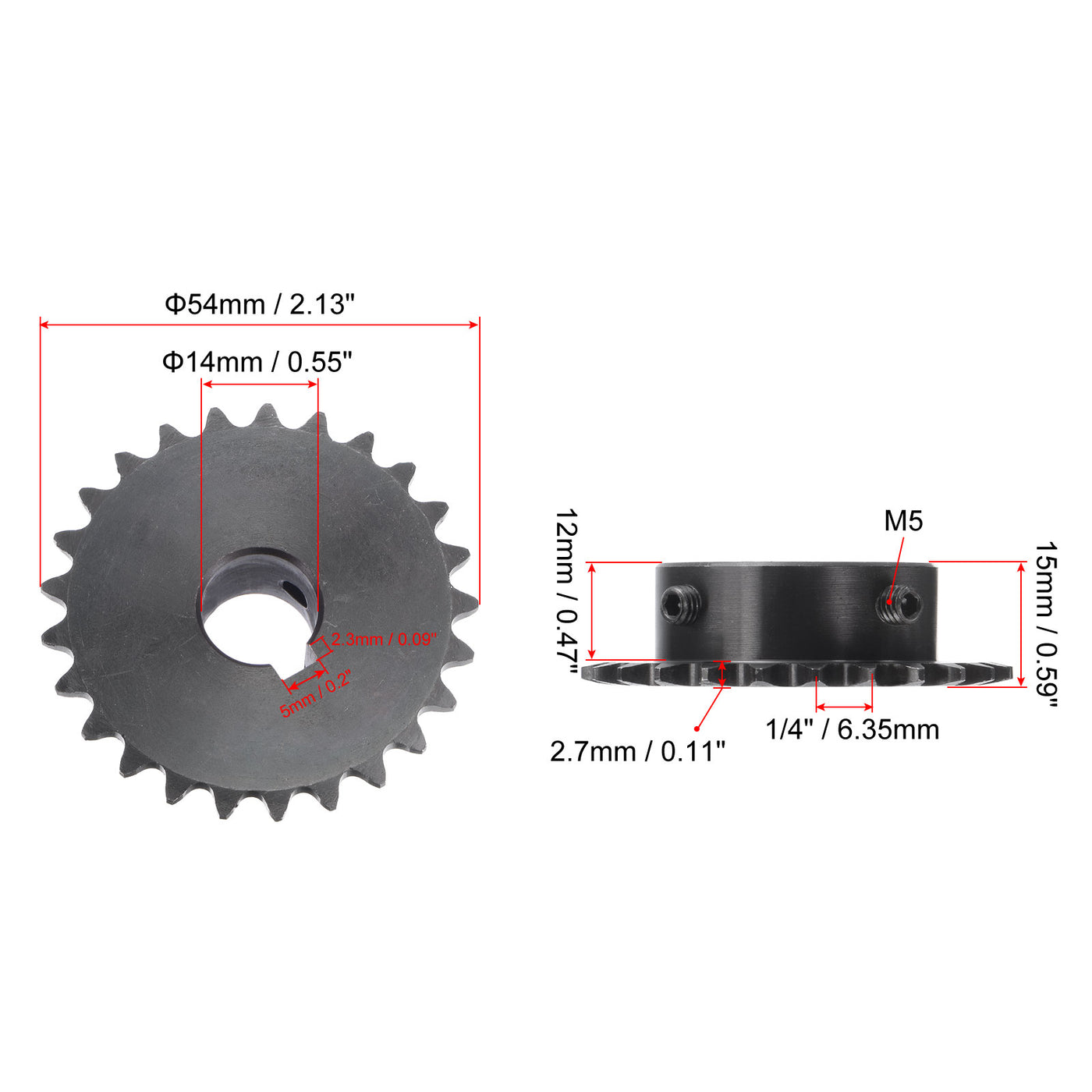 uxcell Uxcell 25 Teeth Sprocket 1/4" Pitch, 14mm Bore Carbon Steel, Keyway with Set Screws