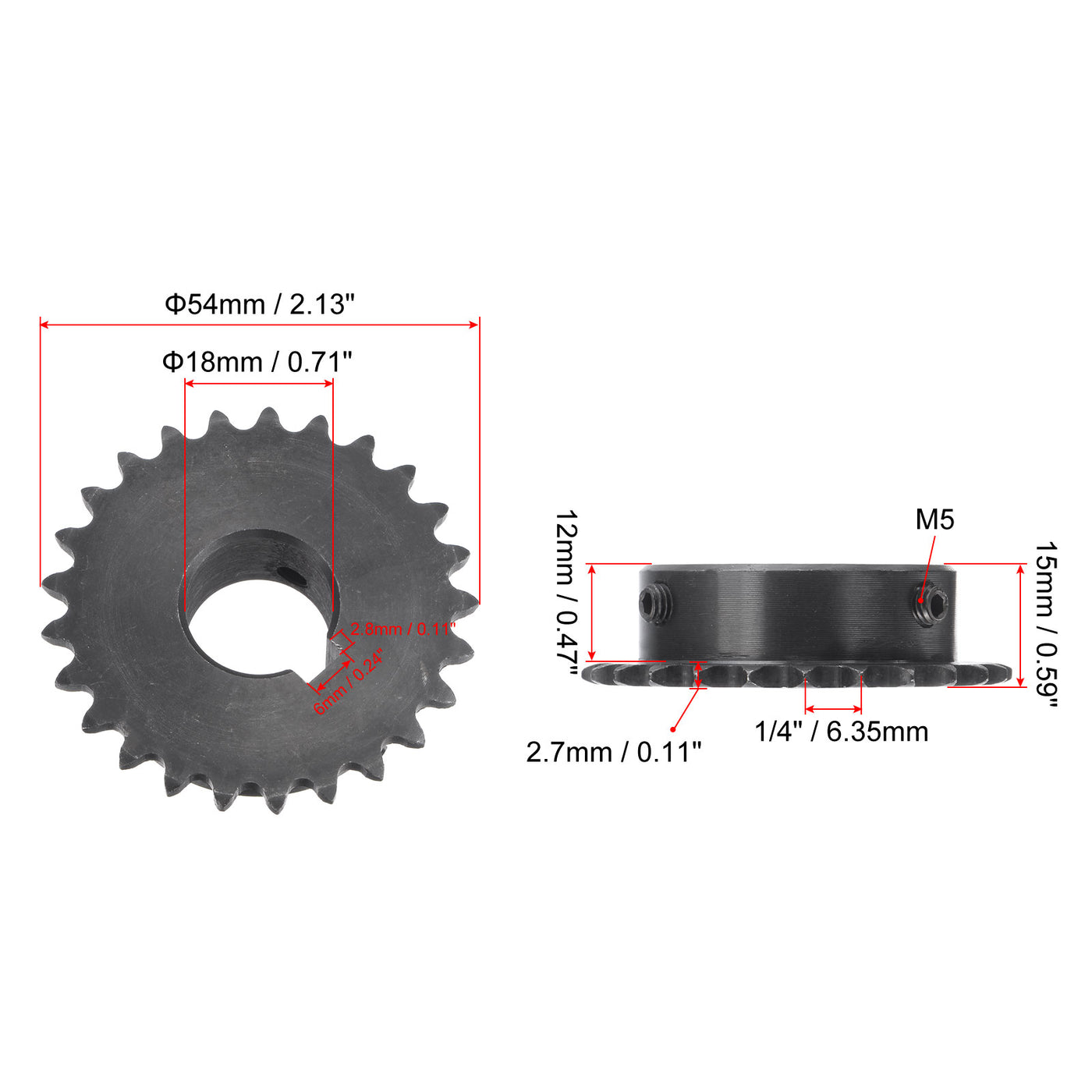 uxcell Uxcell 25 Teeth Sprocket 1/4" Pitch, 18mm Bore Carbon Steel, Keyway with Set Screws