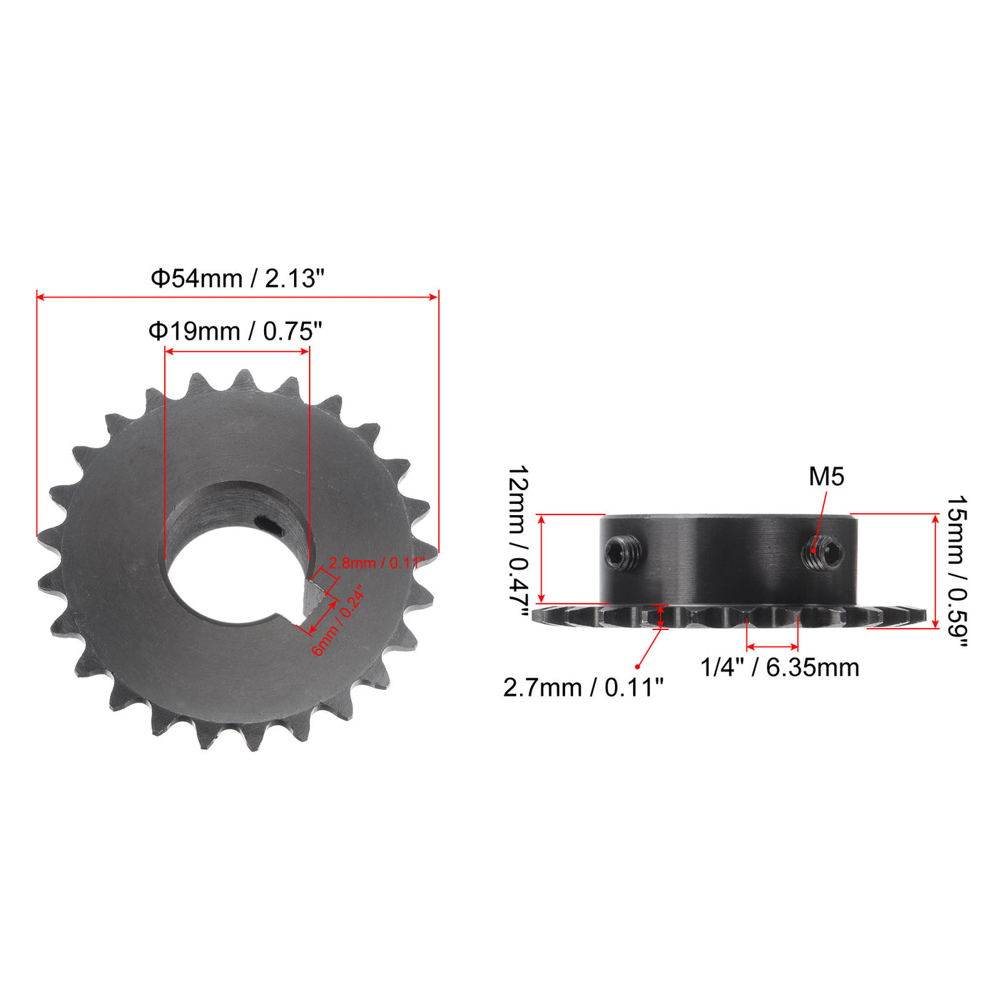 uxcell Uxcell 25 Teeth Sprocket 1/4" Pitch, 19mm Bore Carbon Steel, Keyway with Set Screws