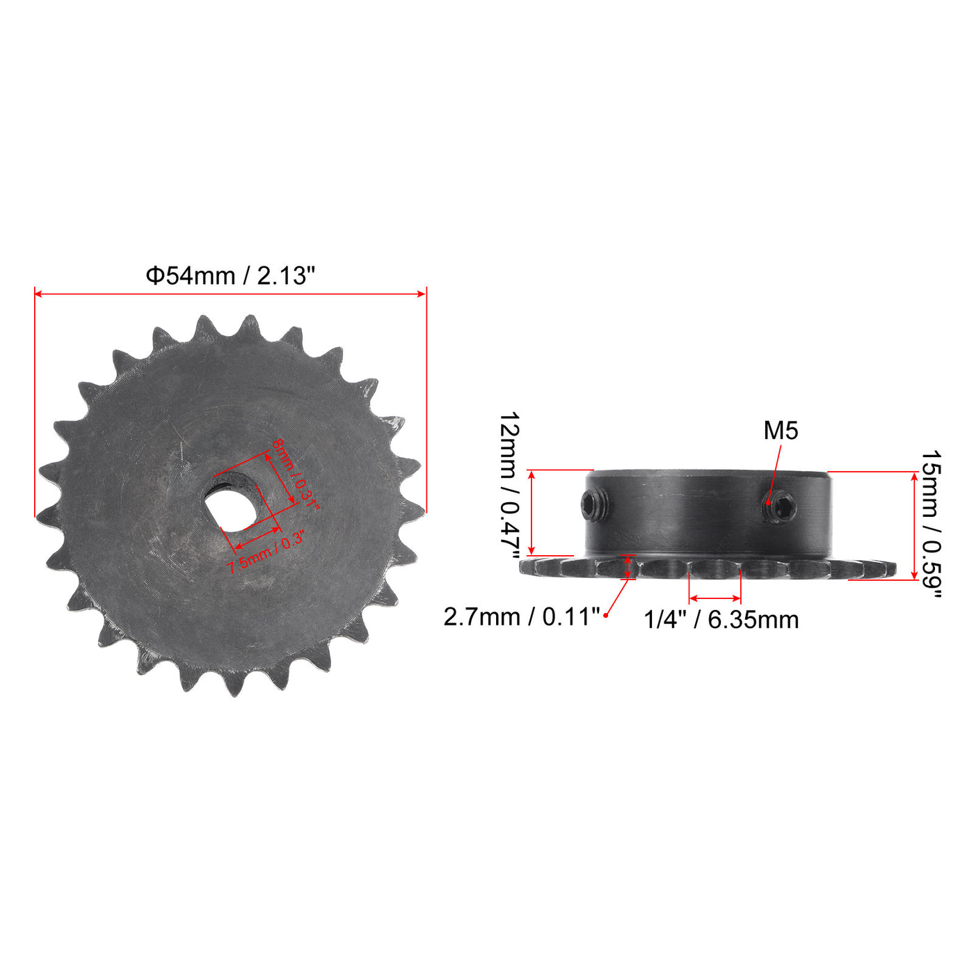 uxcell Uxcell 25 Teeth Sprocket 1/4" Pitch, 8 x 7.5mm Bore Carbon Steel with Set Screws