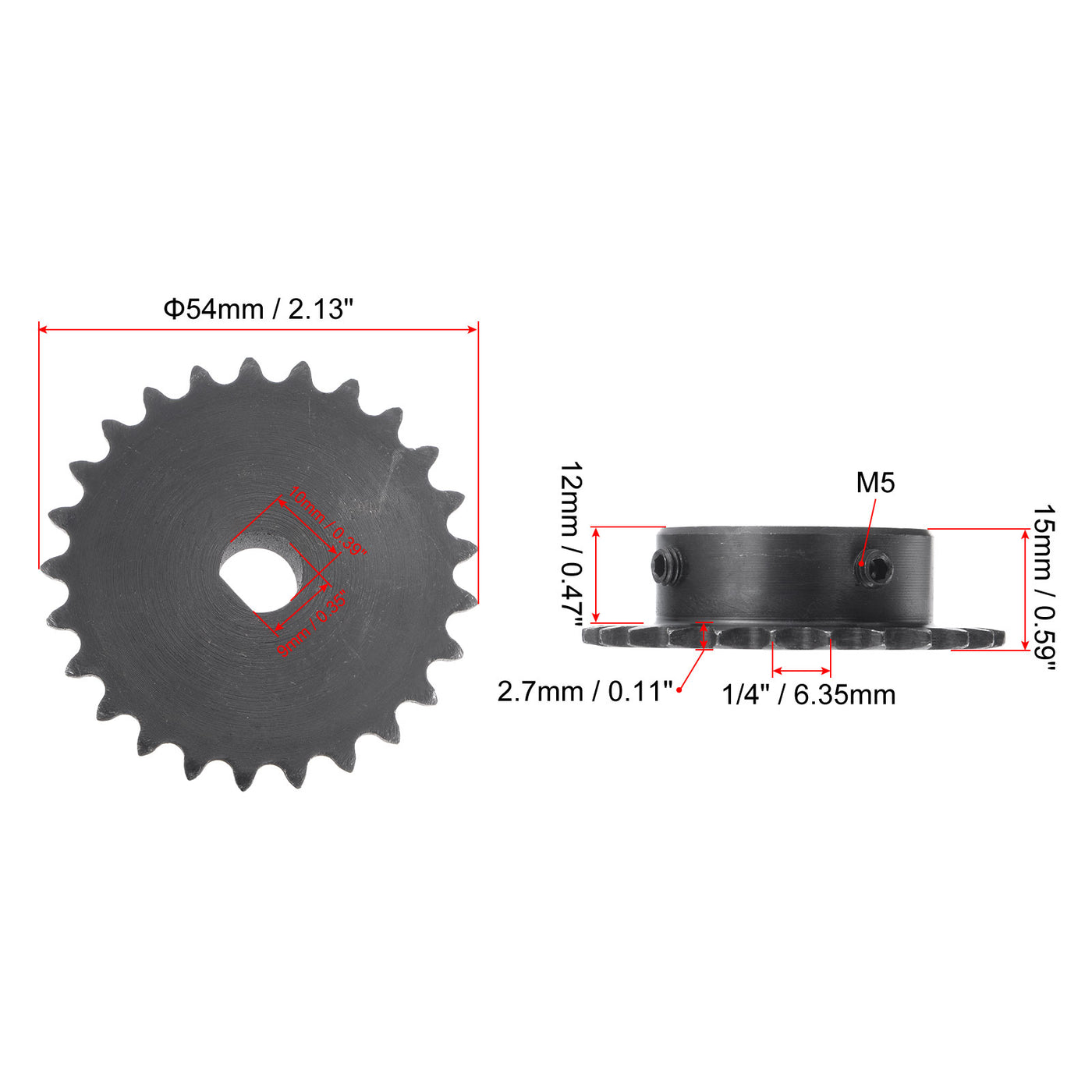 uxcell Uxcell 25 Teeth Sprocket 1/4" Pitch, 10 x 9mm Bore Carbon Steel with Set Screws