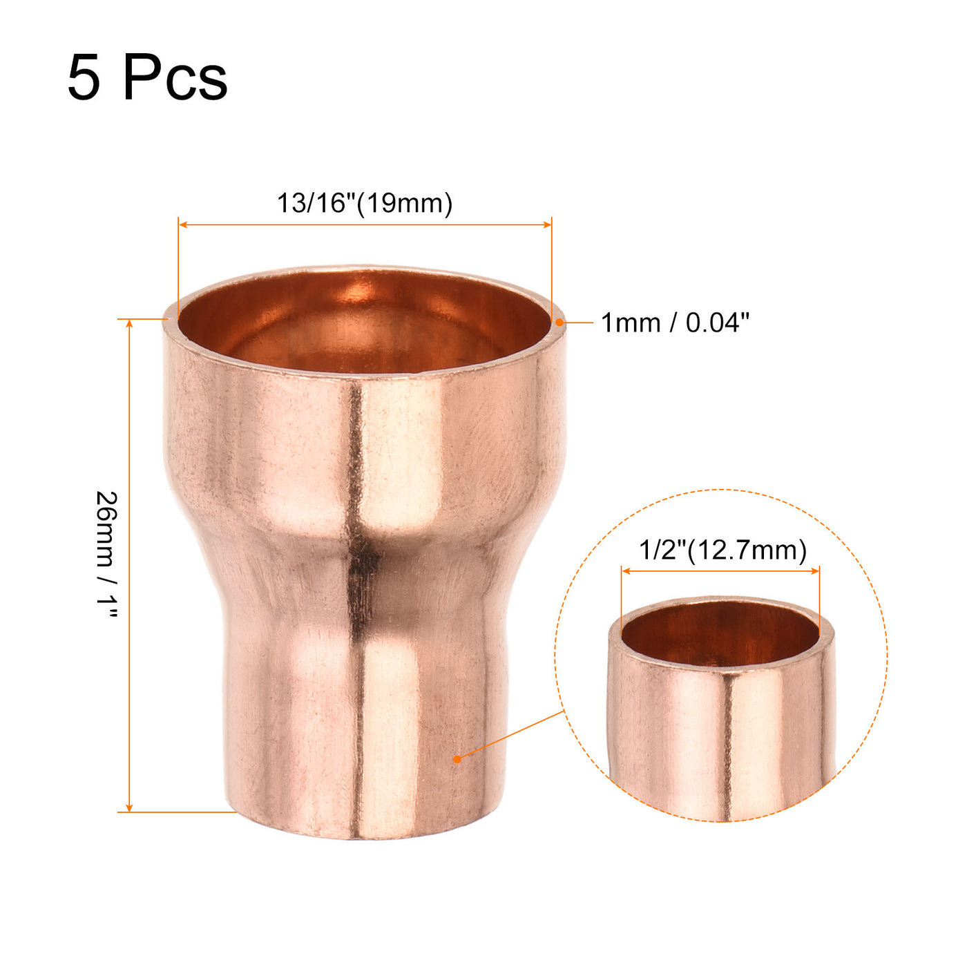 Harfington 5er Pack Drehen Kupfer Gerade Schweiß Ende 13/16 x 1/2" für HVAC Kühlung Adapter