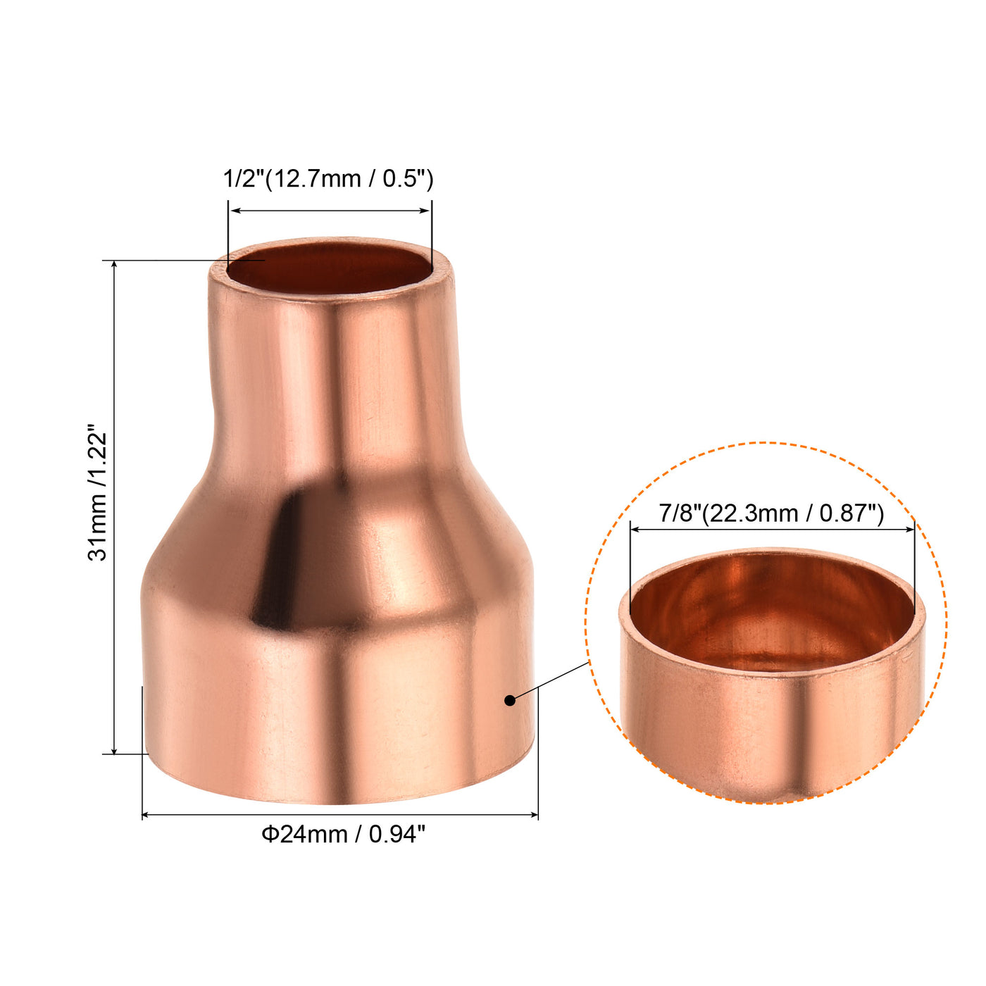 Harfington 3 Stück Kupfer Reduziermuffe Fitting mit Schweißende für HLK-Kälteadapter 1/2 x 7/8 Zoll ID