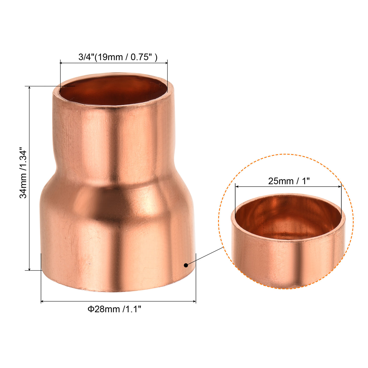 Harfington Kupfer Reduziermuffe Fitting mit Schweißende für HLK-Kälteadapter 3/4 x 1 Zoll ID