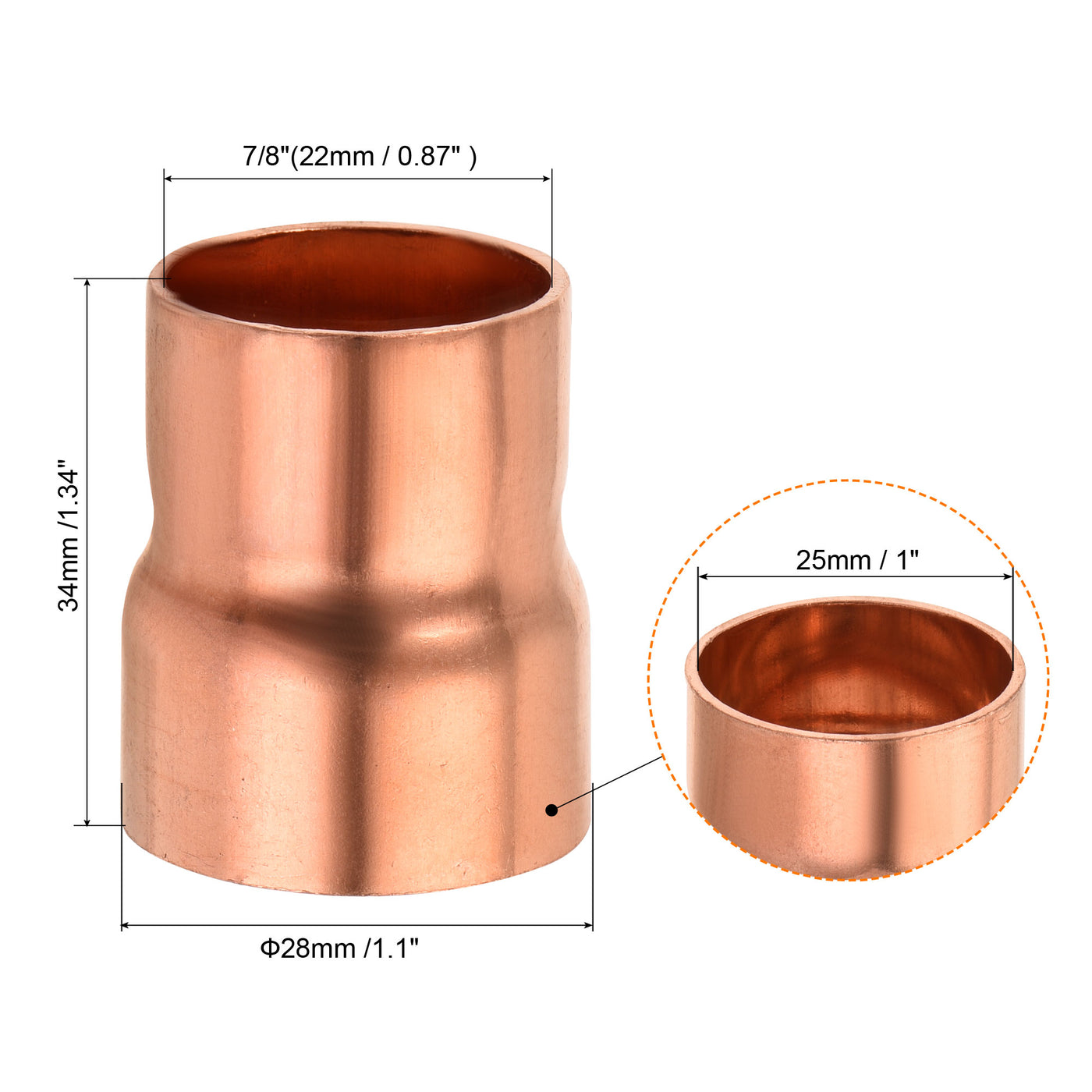 Harfington Kupfer Reduziermuffe Fitting mit Schweißende für HLK-Kälteadapter 7/8 x 1 Zoll ID