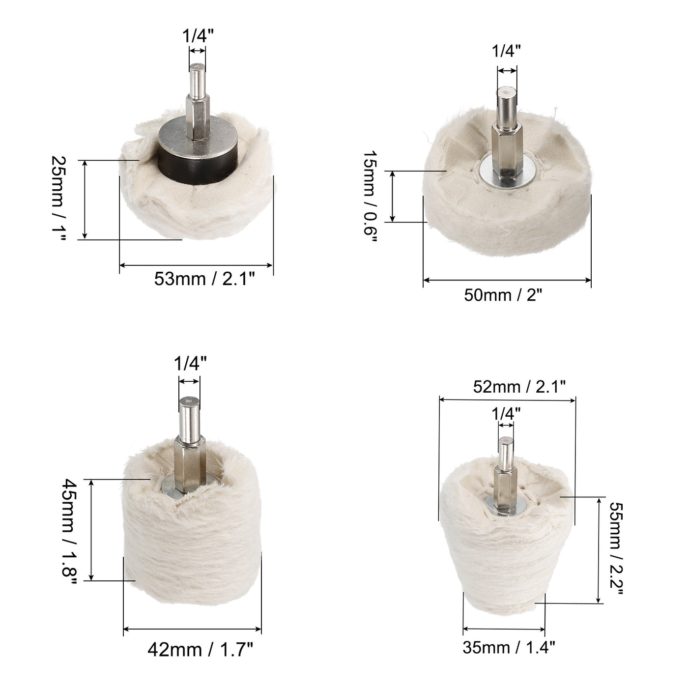 uxcell Uxcell Cotton Buffing Wheel Set 4in1 Cone/Cylindrical/Mushroom Shape with 1/4" Shank Polishing Wheel for Rotary Tool