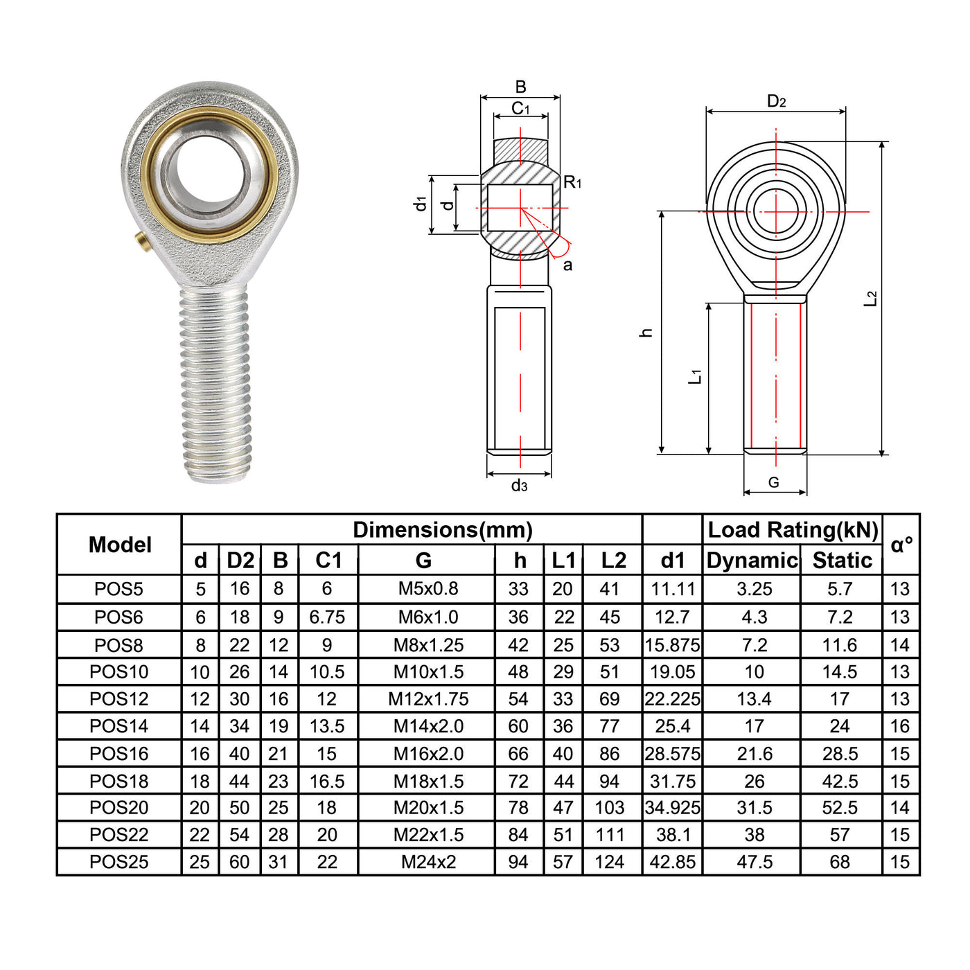 uxcell Uxcell POS14 Rod End Bearing 14mm Bore Self-lubricated M14x2.0 Right Hand Male Thread