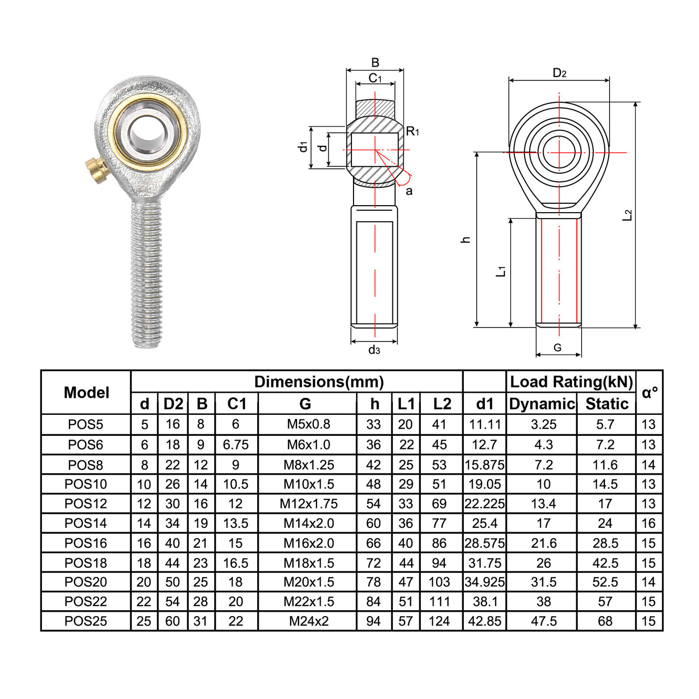 uxcell Uxcell POS5 Rod End Bearing 5mm Bore Self-lubricated M5x0.8 Left Hand Male Thread