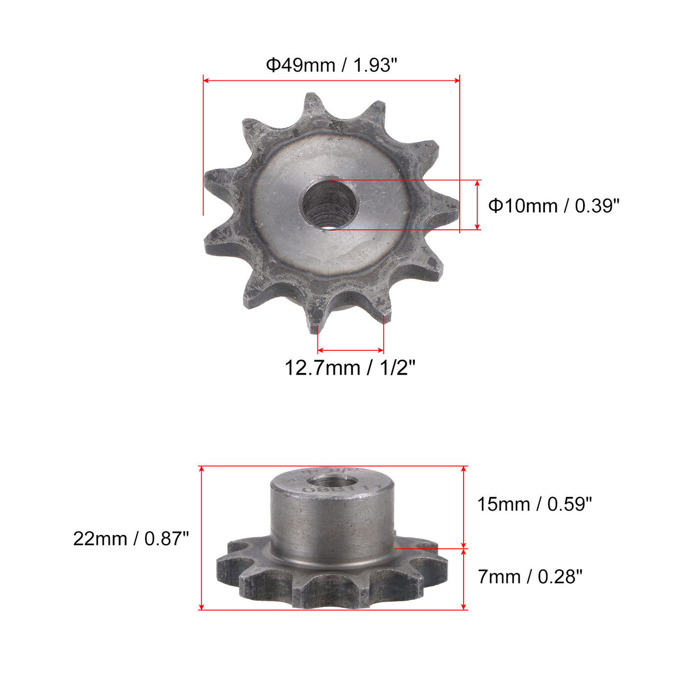 uxcell Uxcell 11 Teeth Sprocket Single Strand 1/2" Pitch, 10mm Bore Carbon Steel