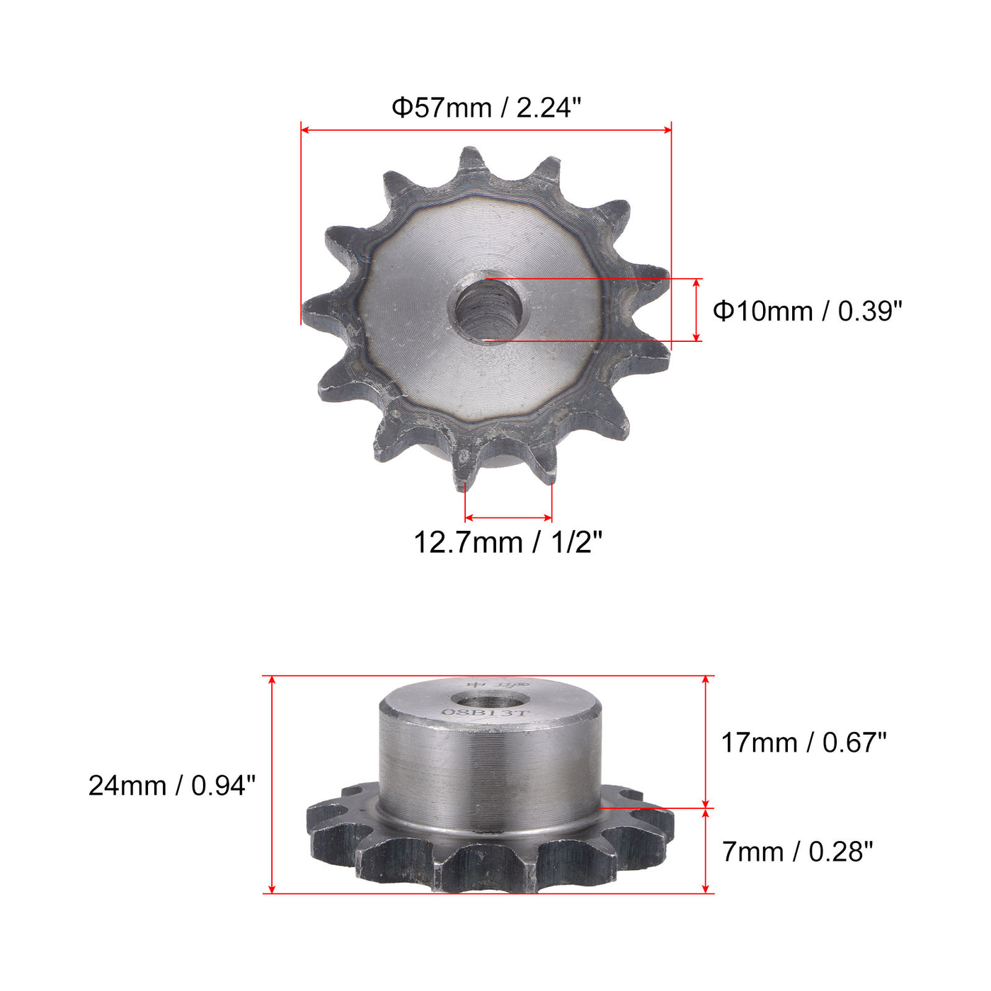 uxcell Uxcell 13 Teeth Sprocket Single Strand 1/2" Pitch, 10mm Bore Carbon Steel