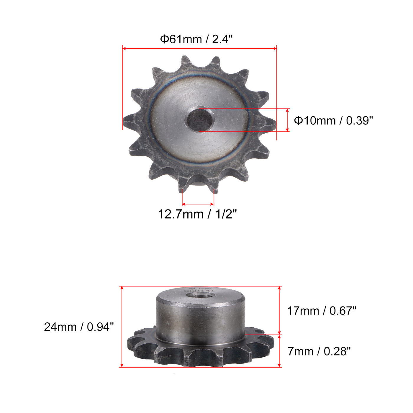 uxcell Uxcell 14 Teeth Sprocket Single Strand 1/2" Pitch, 10mm Bore Carbon Steel