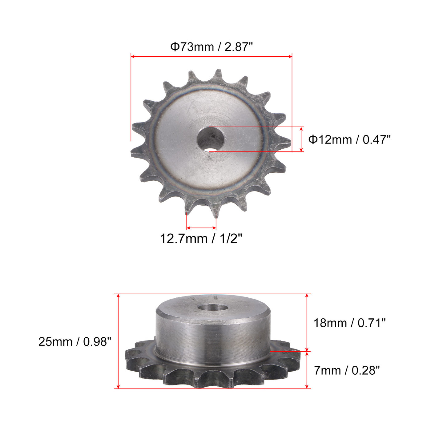 uxcell Uxcell 17 Teeth Sprocket Single Strand 1/2" Pitch, 12mm Bore Carbon Steel