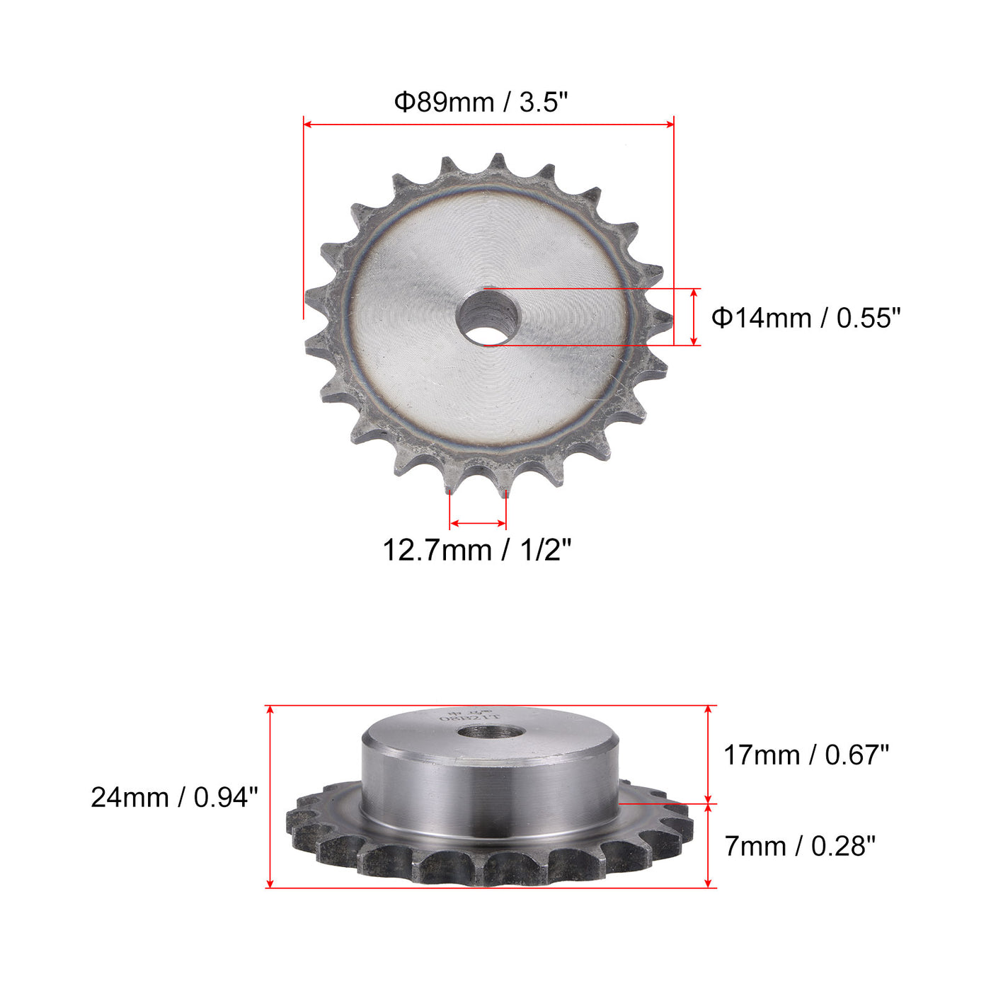 uxcell Uxcell 21 Teeth Sprocket Single Strand 1/2" Pitch, 14mm Bore Carbon Steel