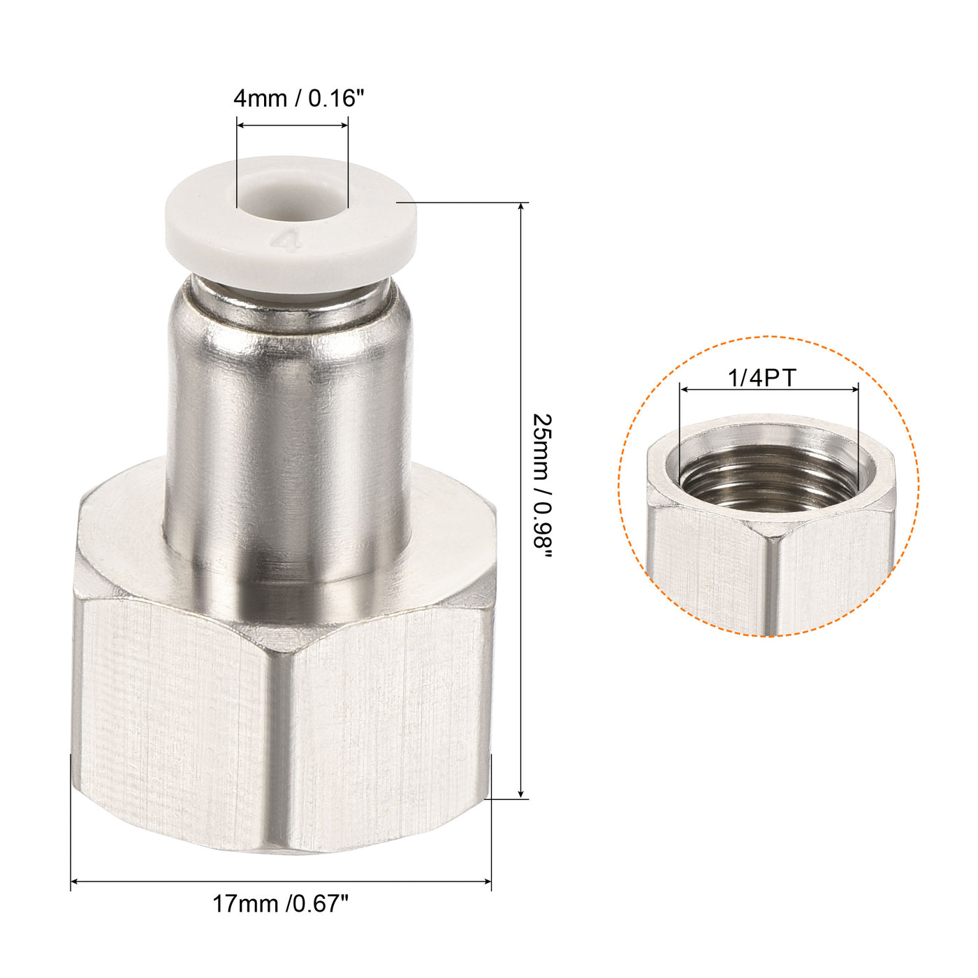 Harfington Push to Connect Fittings 1/4PT Female Thread Fit 4mm Tube OD Nickel-plated Copper Straight Union Fitting, Pack of 4