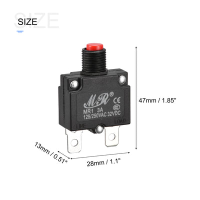 Harfington Circuit Overload Protector 3A AC125/250V DC32V Push Button Thermal Circuit Breaker for Air Compressor with Waterproof Caps 3pcs