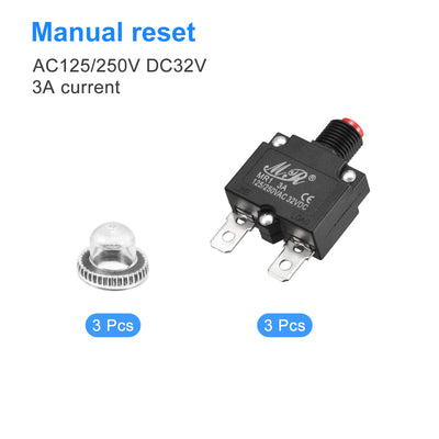 Harfington Circuit Overload Protector 3A AC125/250V DC32V Push Button Thermal Circuit Breaker for Air Compressor with Waterproof Caps 3pcs