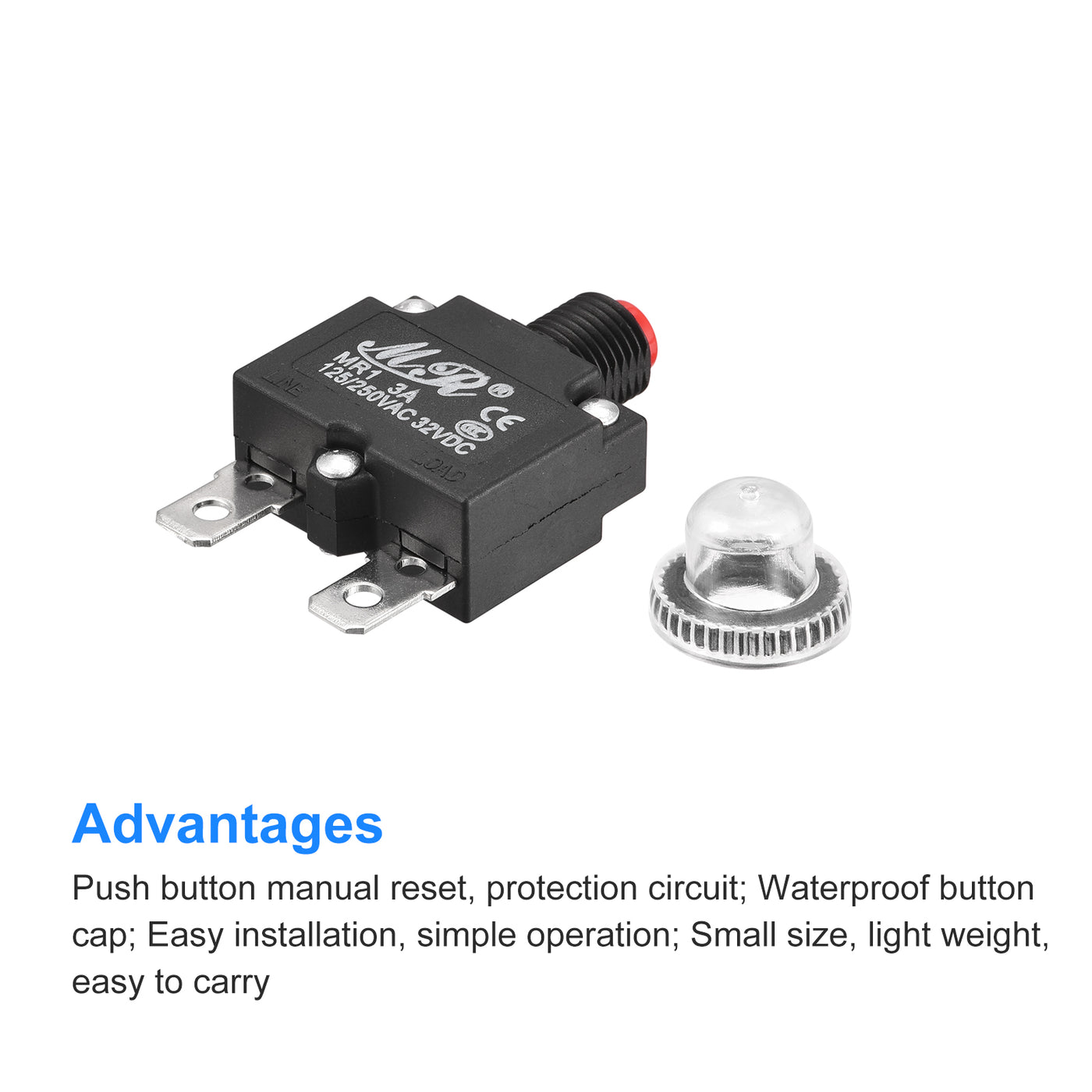 Harfington Circuit Overload Protector 3A AC125/250V DC32V Push Button Thermal Circuit Breaker for Air Compressor with Waterproof Caps 3pcs