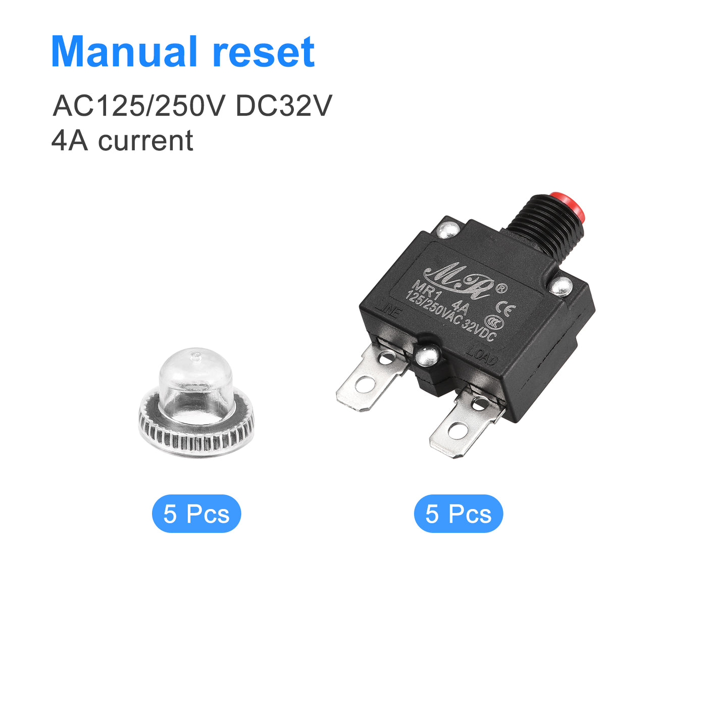 Harfington Circuit Overload Protector 4A AC125/250V DC32V Push Button Thermal Circuit Breaker for Air Compressor with Waterproof Caps 5pcs