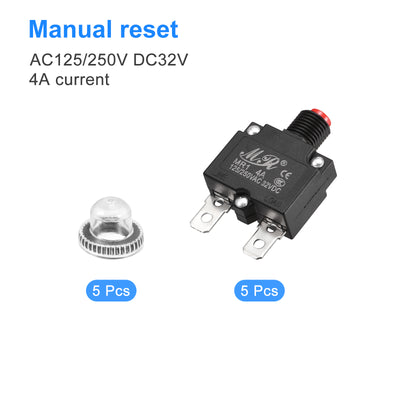 Harfington Circuit Overload Protector 4A AC125/250V DC32V Push Button Thermal Circuit Breaker for Air Compressor with Waterproof Caps 5pcs