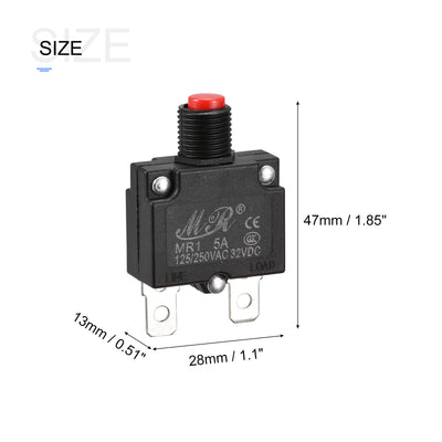 Harfington Circuit Overload Protector 5A AC125/250V DC32V Push Button Thermal Circuit Breaker for Air Compressor with Waterproof Caps 3pcs