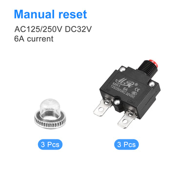 Harfington Circuit Overload Protector 6A AC125/250V DC32V Push Button Thermal Circuit Breaker for Air Compressor with Waterproof Caps 3pcs