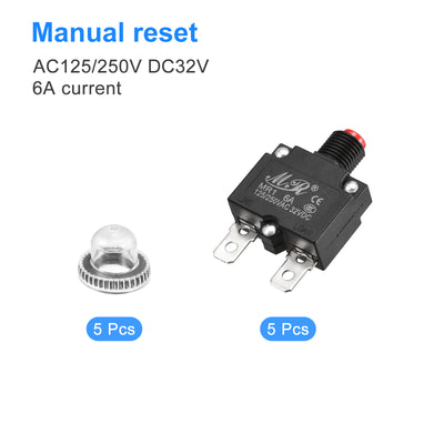 Harfington Circuit Overload Protector 6A AC125/250V DC32V Push Button Thermal Circuit Breaker for Air Compressor with Waterproof Caps 5pcs