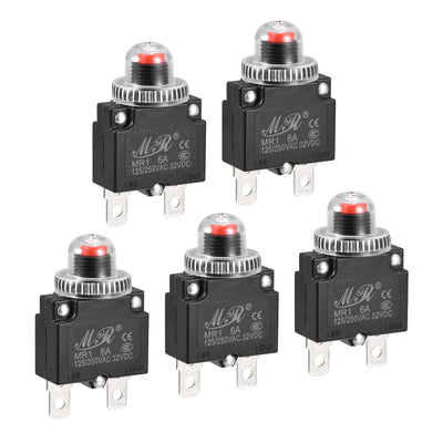 Harfington Circuit Overload Protector 6A AC125/250V DC32V Push Button Thermal Circuit Breaker for Air Compressor with Waterproof Caps 5pcs