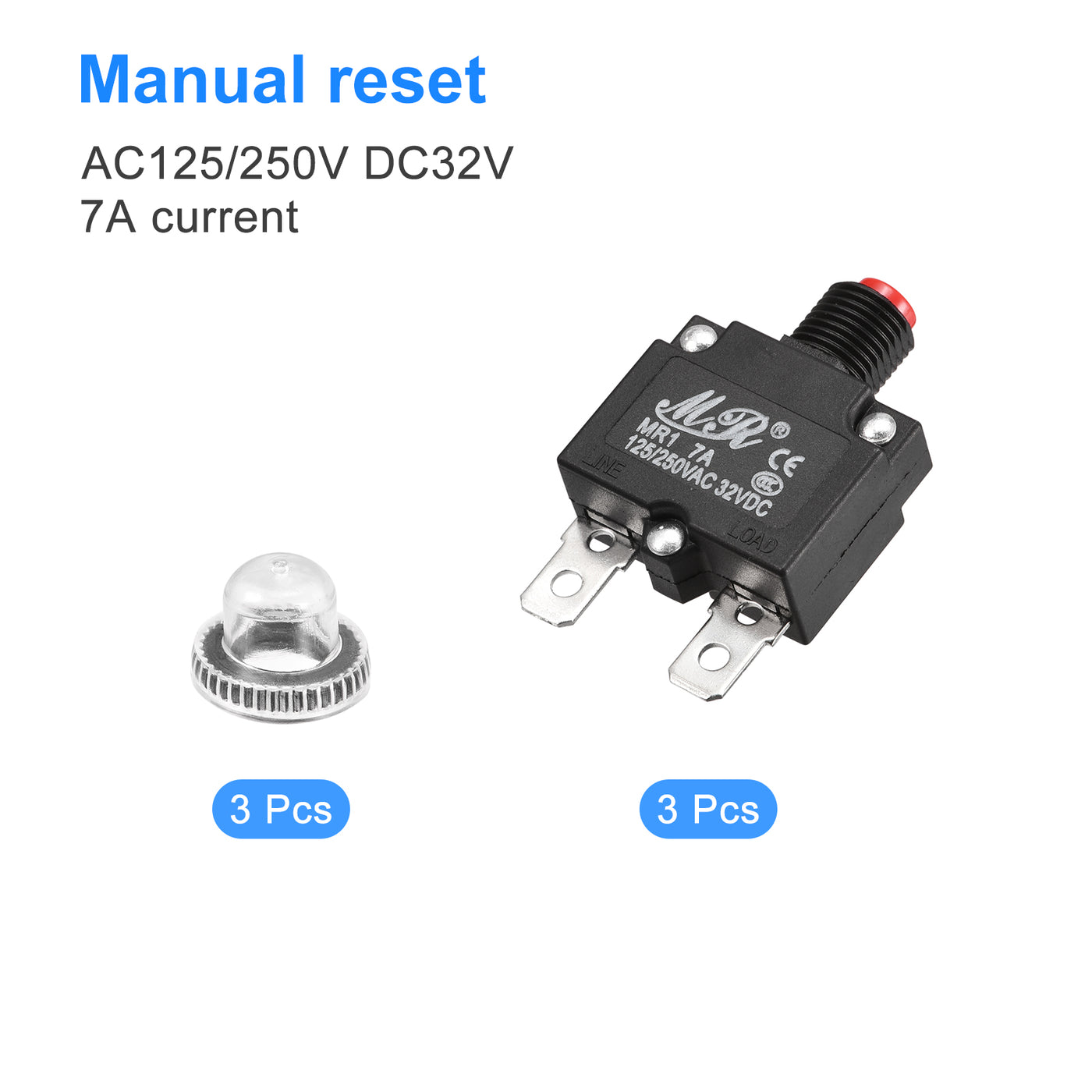 Harfington Circuit Overload Protector 7A AC125/250V DC32V Push Button Thermal Circuit Breaker for Air Compressor with Waterproof Caps 3pcs