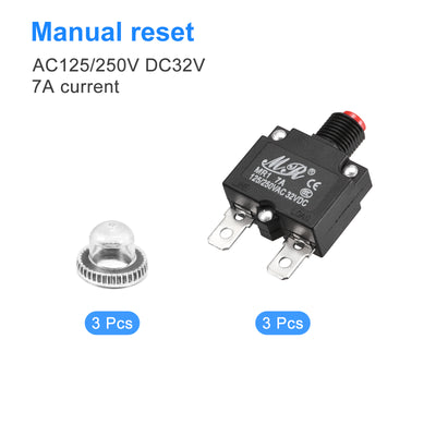 Harfington Circuit Overload Protector 7A AC125/250V DC32V Push Button Thermal Circuit Breaker for Air Compressor with Waterproof Caps 3pcs