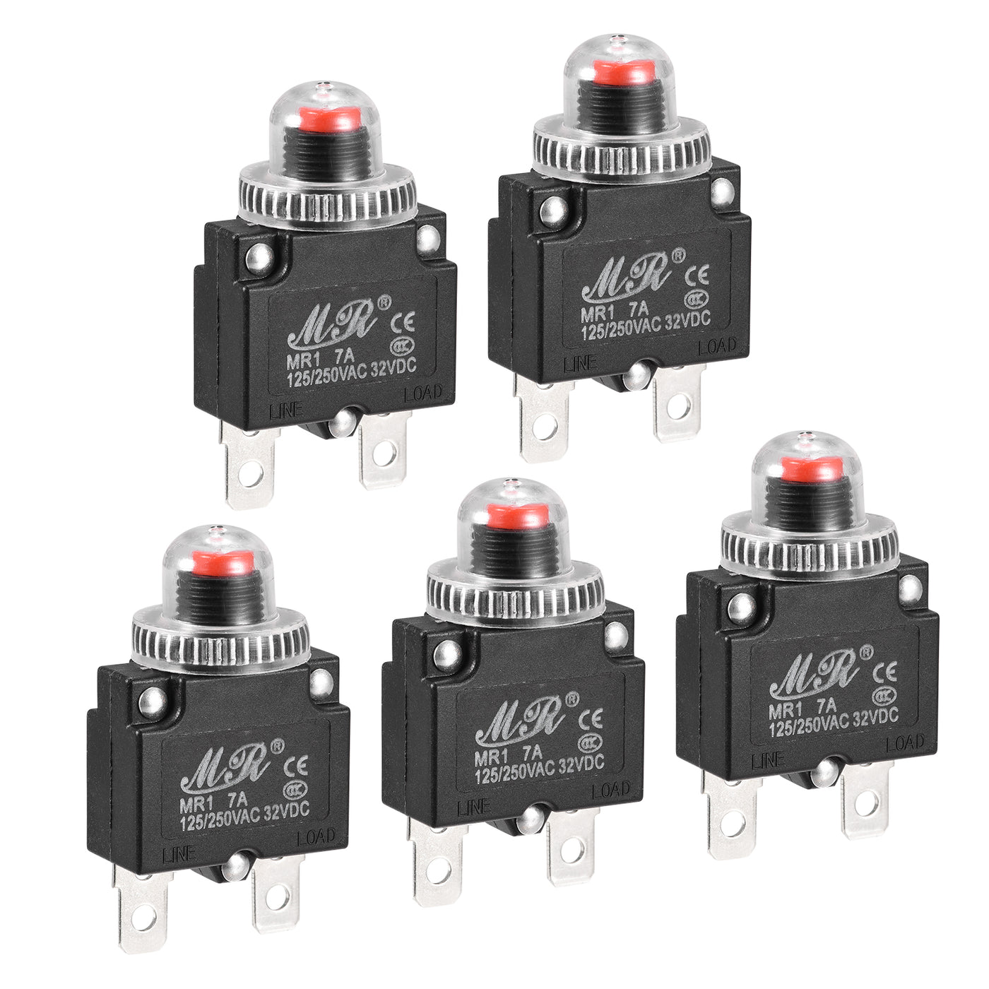 Harfington Circuit Overload Protector 7A AC125/250V DC32V Push Button Thermal Circuit Breaker for Air Compressor with Waterproof Caps 5pcs