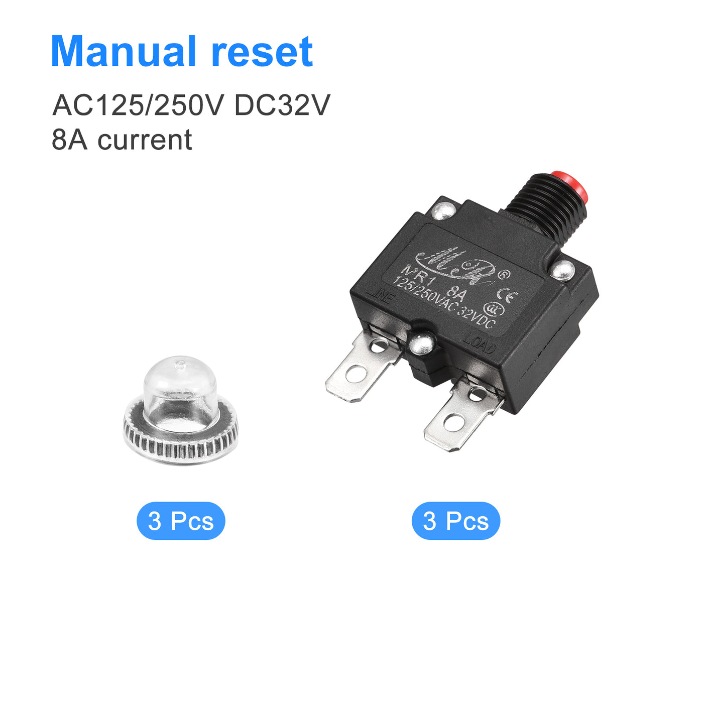 Harfington Circuit Overload Protector 8A AC125/250V DC32V Push Button Thermal Circuit Breaker for Air Compressor with Waterproof Caps 3pcs