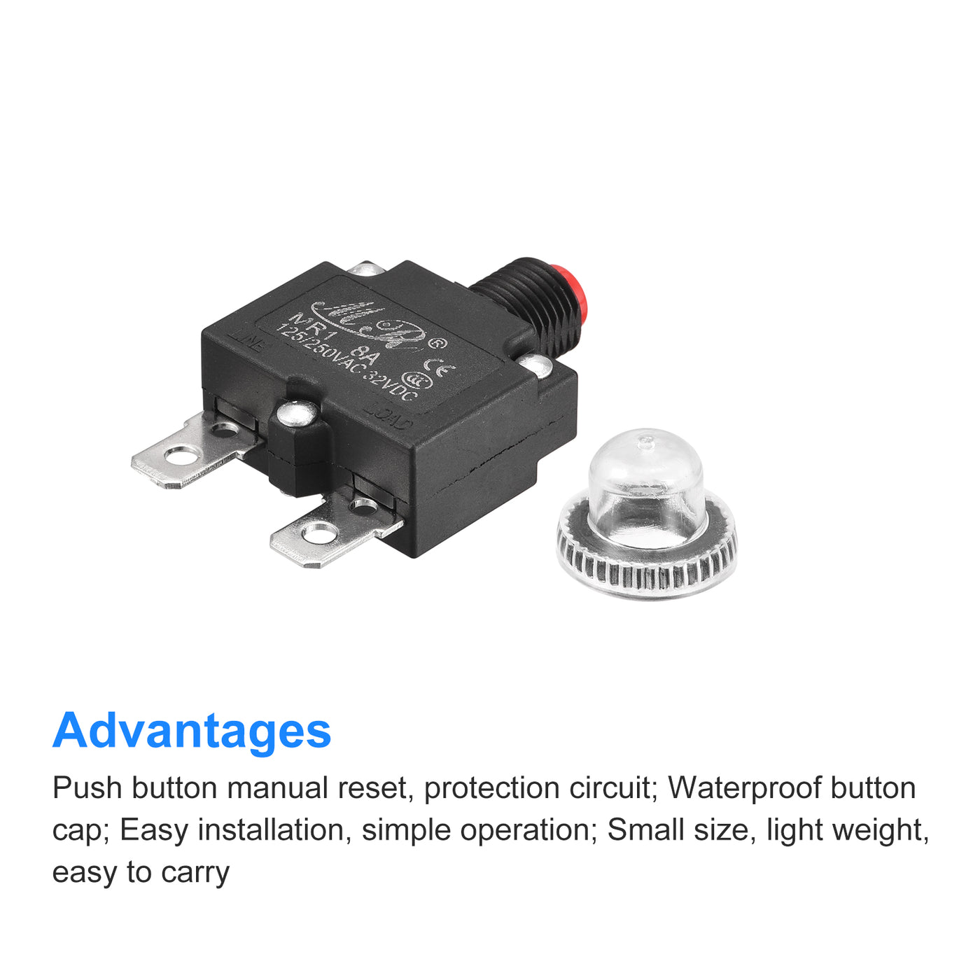 Harfington Circuit Overload Protector 8A AC125/250V DC32V Push Button Thermal Circuit Breaker for Air Compressor with Waterproof Caps 3pcs